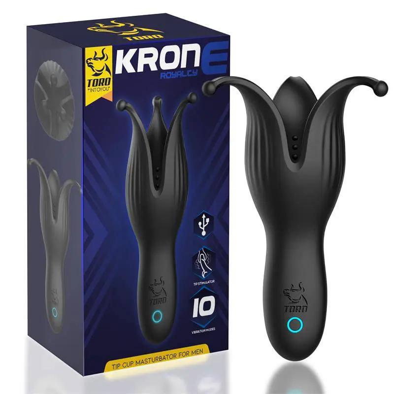 Black silicone Krone Tip Cup masturbator with USB charging port beside matching product box.