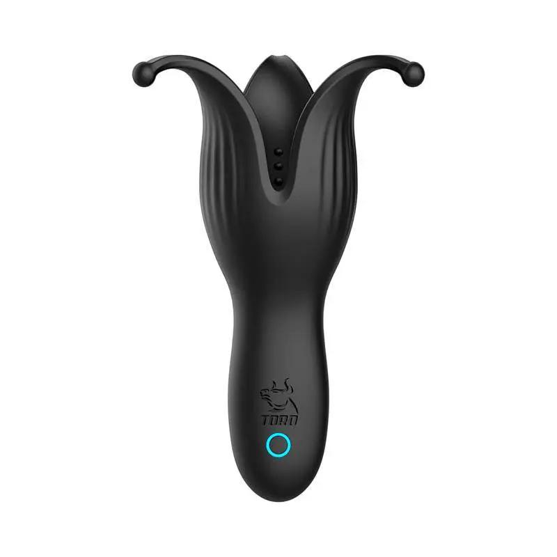 Black silicone Krone Tip Cup Masturbator with petal-like open top and blue light button on handle.