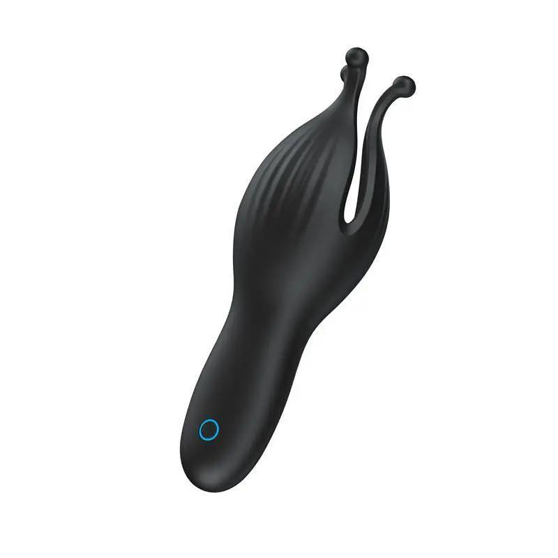 Black silicone male masturbator with ergonomic handle and two flexible prongs, blue power button.