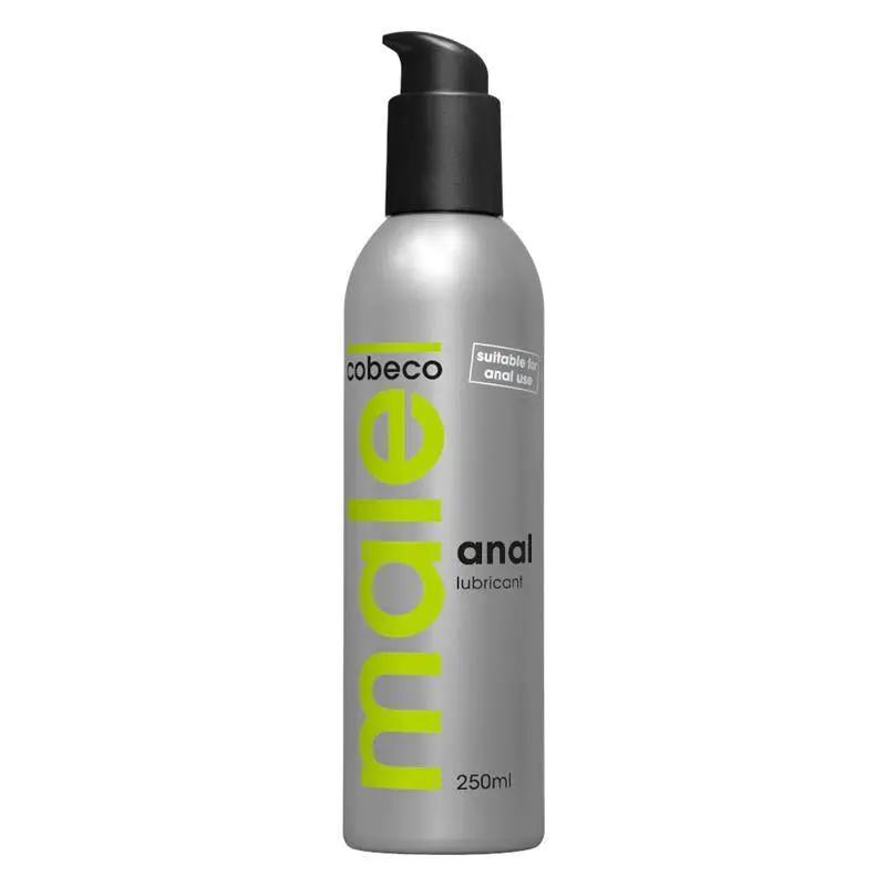 Silver 250ml bottle of Cobeco Pharma Male Thick Texture Water Based Anal Lubricant with black pump dispenser.