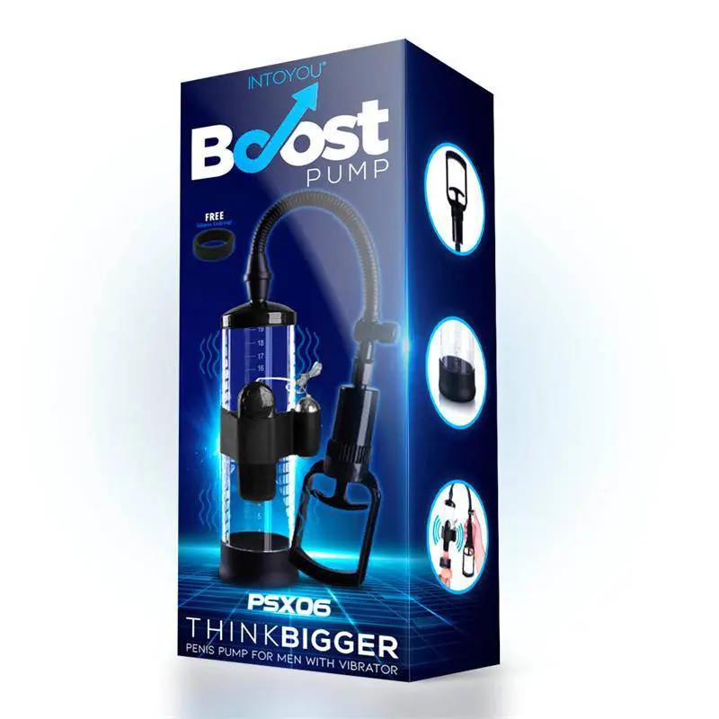 Blue and black manual penis pump with vibration attachment in dark-themed Boost Pump packaging.