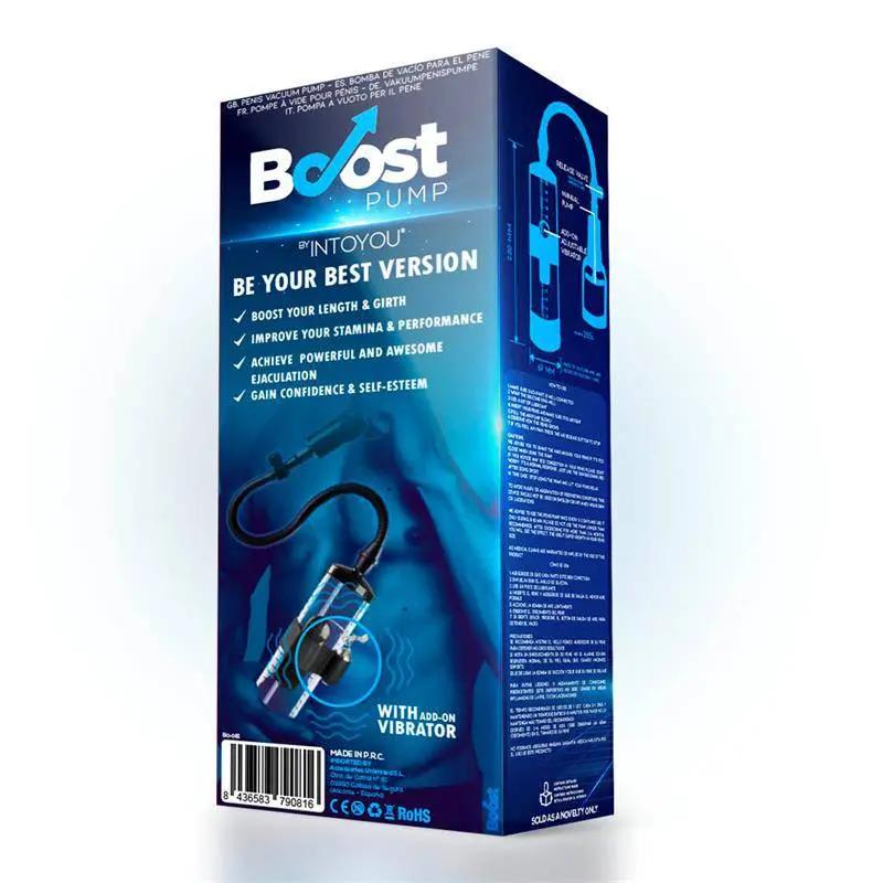 Blue and black packaging for Boost manual penis pump with vibration attachment, showing product features and diagram on.