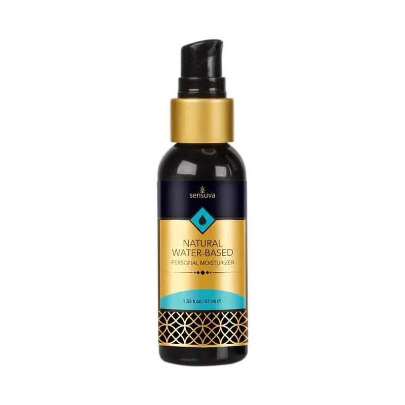 Black pump bottle with gold and teal label for natural water-based lubricant, 57 ml.