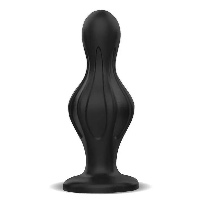 Black silicone butt plug with bulbous, tapered shape and flared base.