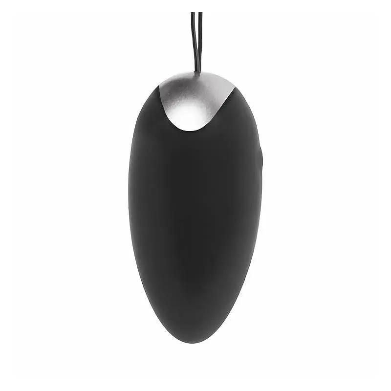 Black smooth vibrating egg with pull cord and metallic top, sleek oval shape.