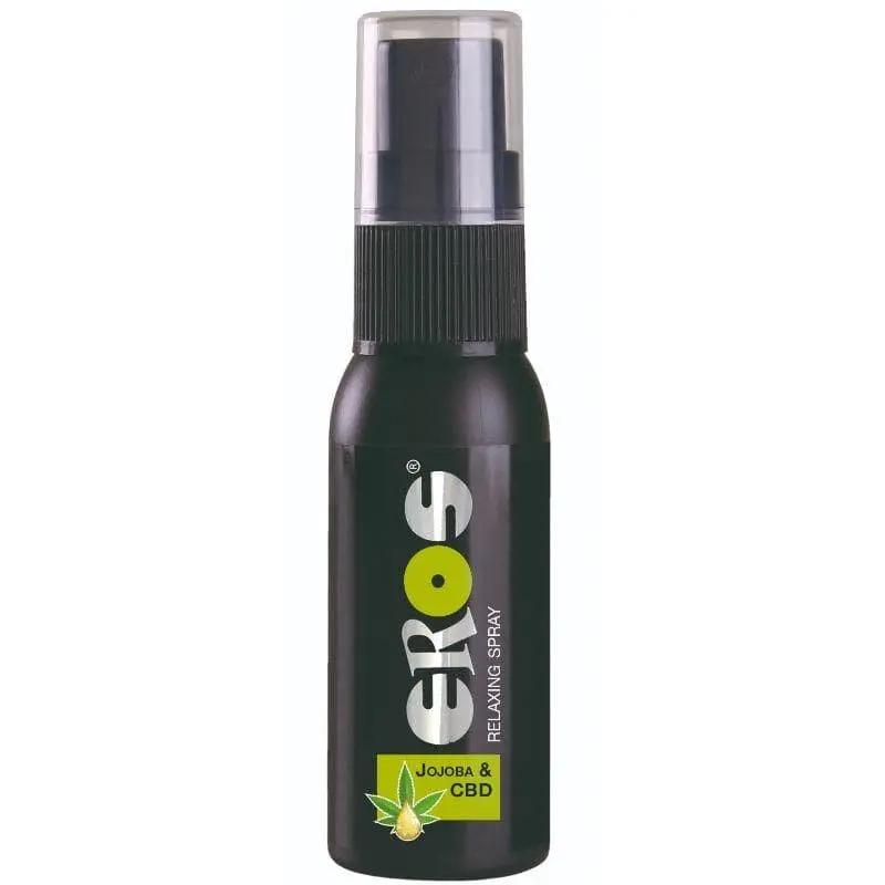 Black 30ml spray bottle with clear cap labeled EROS Relaxing Spray Jojoba & CBD.