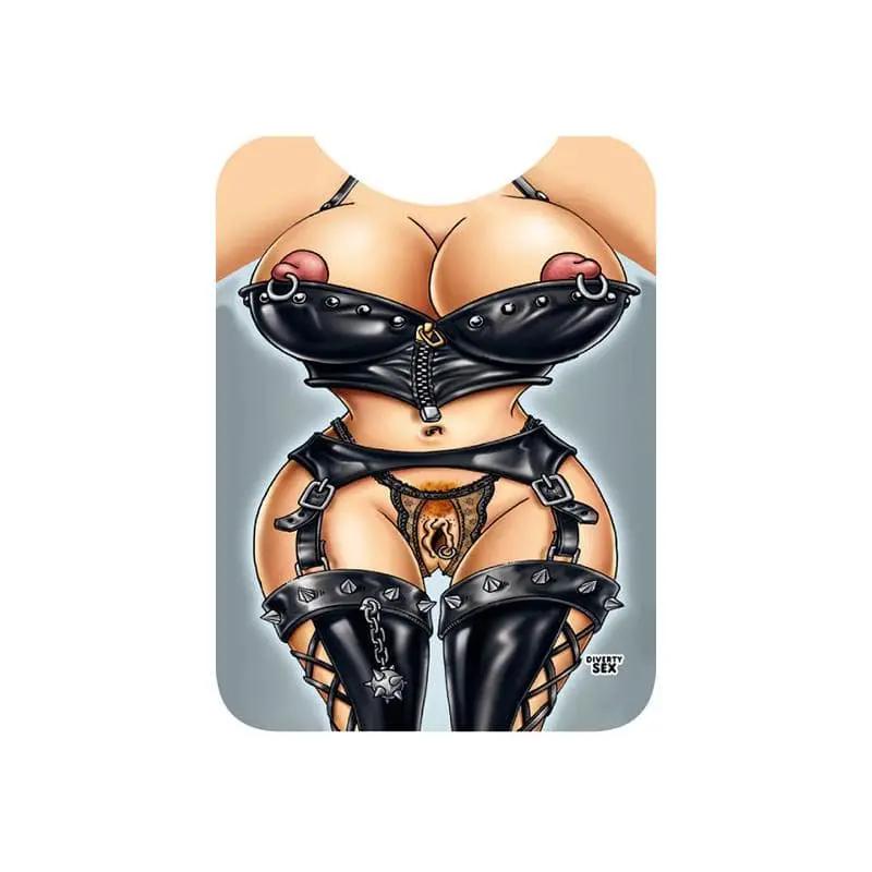Bib featuring a provocative BDSM-themed design with black leather straps, garters, and nipple clamps illustration.