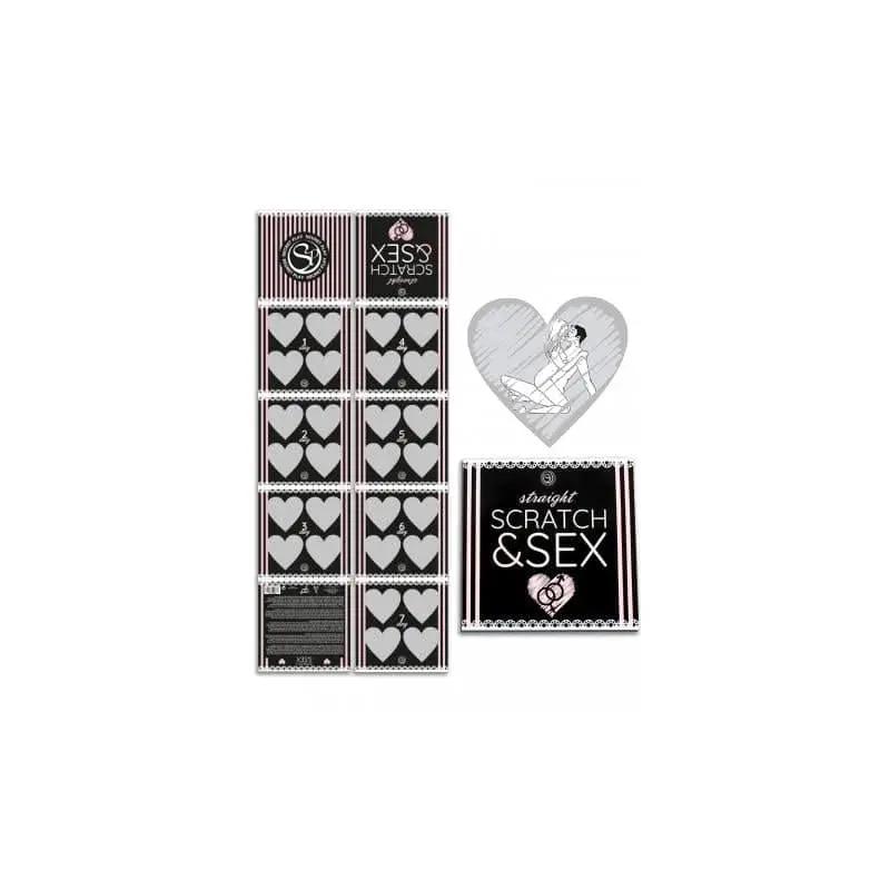 Scratch and Sex card game set with heart-shaped scratch-off cards and black packaging featuring white and pink text.