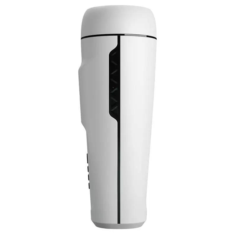 White cylindrical male masturbator with textured black grip panel and control buttons on the side.