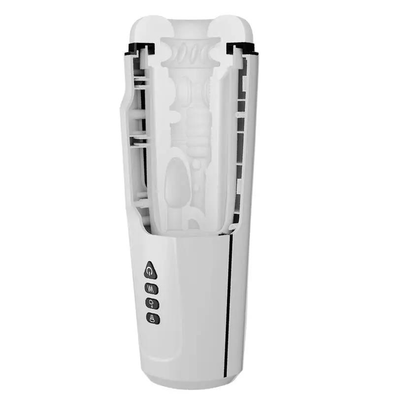 White male masturbator with transparent upper section, internal textured sleeve, and three control buttons on the body.