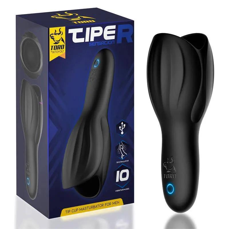 Black silicone Tiper Tip Cup Masturbator with curved ergonomic design and blue power button.