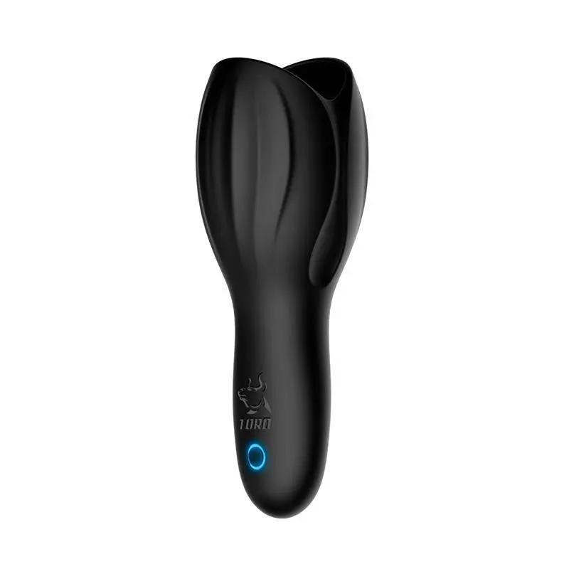 Black silicone Tiper Tip Cup Masturbator with textured ridges and illuminated blue power button.