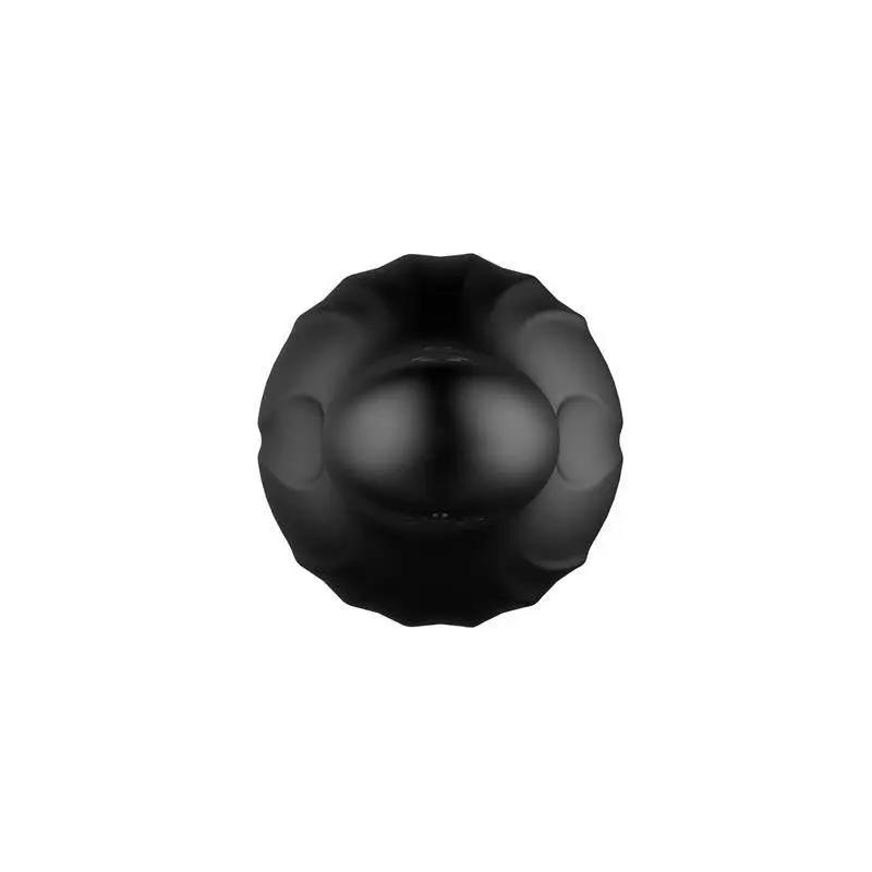 Black silicone male masturbator cup with textured, contoured outer surface.