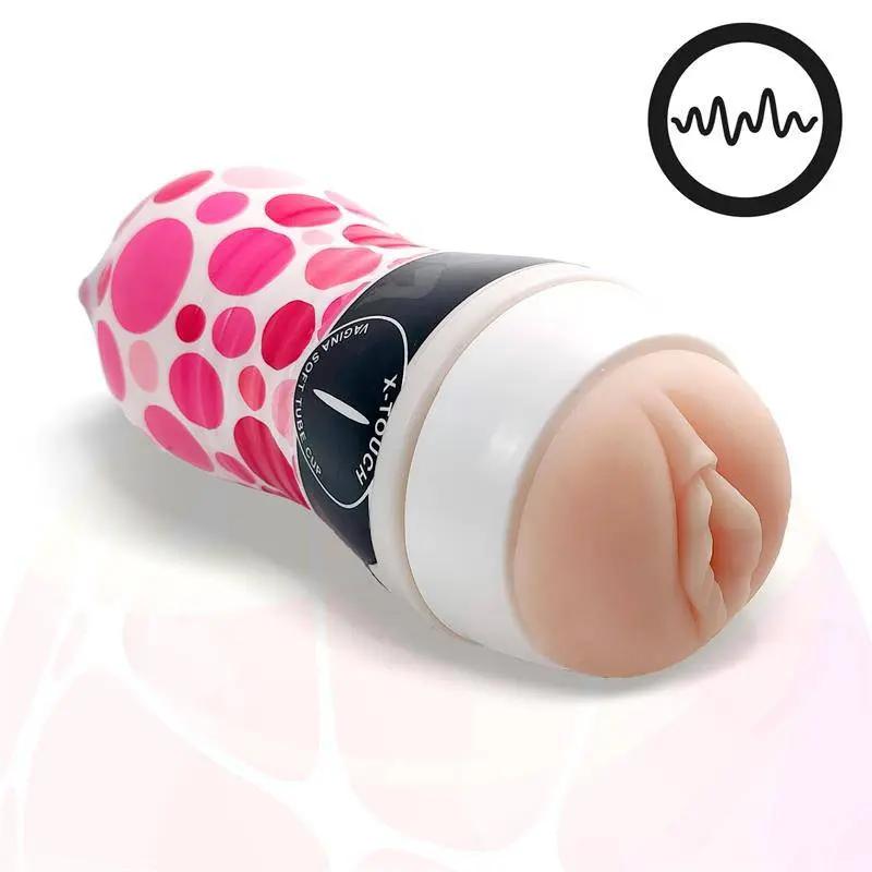 Compact pink and white vibrating male masturbator with a realistic vaginal opening and patterned sleeve.