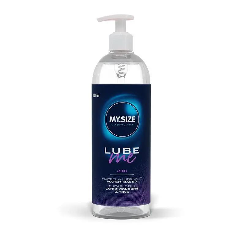 Clear plastic bottle of My Size Water Base Lube Me 2in1 with pump, dark blue label, 1000 ml.