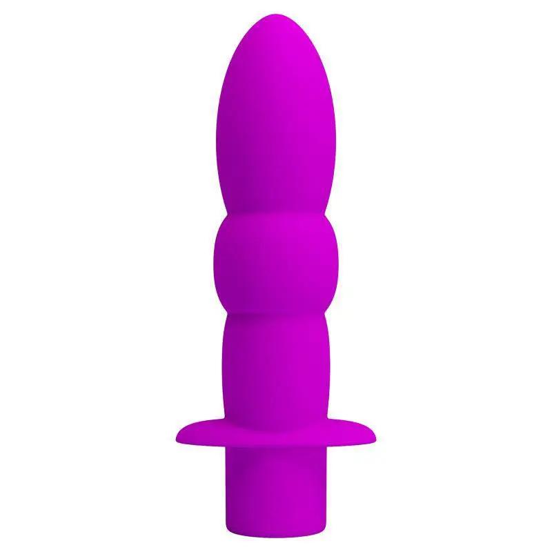 Pink silicone butt plug with smooth contoured shape and flared base.