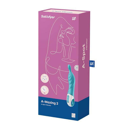 A-Mazing 2 Stimulator Turquoise dual-motor vibrator packaging with ergonomic design and ribbed structure for A-spot stimulation