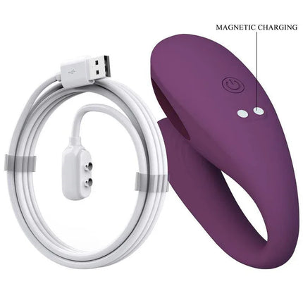 Aari Thumping Couple Toy with App, featuring a purple vibrator and USB magnetic charging cable for intimate partner play.