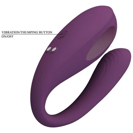 Aari Thumping Couple Toy with App, purple silicone vibrator with vibration/thumping button for enhanced clitoral stimulation.