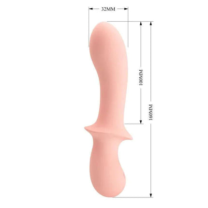Abigal Vibrator Full Silicone with curved head, smooth design, and measurement details.