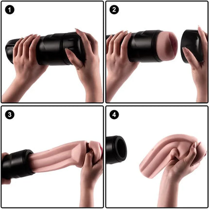 Ace Manual Male Masturbator being opened and displayed in four steps, showcasing realistic design and easy maintenance features.