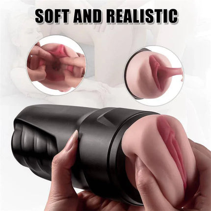 Ace Manual Male Masturbator with realistic vagina-shaped opening and discreet black design for private enjoyment.