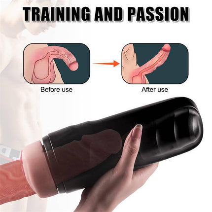 Ace Manual Male Masturbator with discreet black design and realistic stimulation features, showcasing usage demonstration for easy enjoyment.