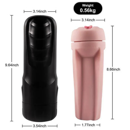 Ace Manual Male Masturbator with realistic vagina-shaped opening, discreet black design, and size dimensions shown.