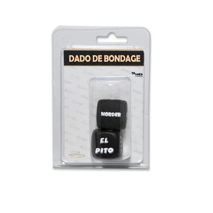 Action Dice and Body Part Dice Set in packaging with black dice displaying Spanish text 'morder' and 'el pito'.