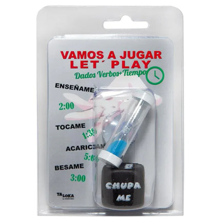 Action dice set and an hourglass for gaming, featuring Spanish commands, packaged together for tabletop and social games.