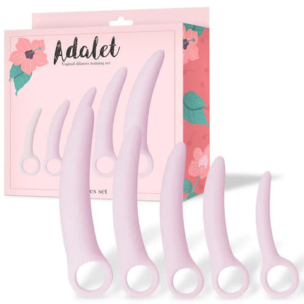 Adalet Set of 5 Pieces Vaginal Dilators with soft silicone for pelvic floor strengthening and muscle toning, assorted sizes on display