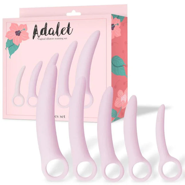 Adalet Set of 5 Pieces Vaginal Dilators with soft silicone for pelvic floor strengthening and muscle toning, assorted sizes on display