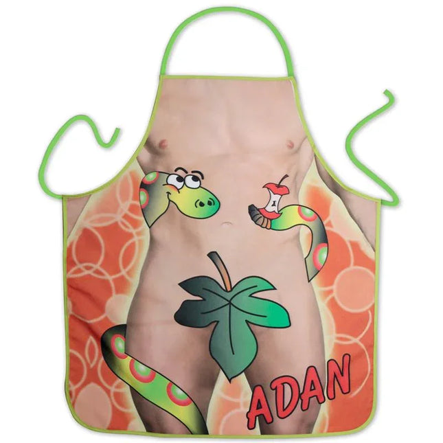 Adan Apron with playful design featuring a snake and leaf, ideal for fun-loving cooks seeking a humorous kitchen accessory.