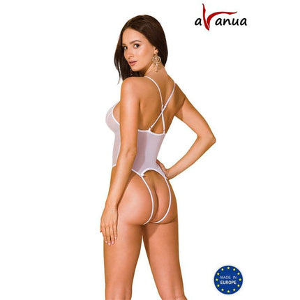 Model wearing Adelina Body White, semi-transparent lingerie, showcasing elegant design, available in sizes S/M to XXL/XXXL, made in Europe.