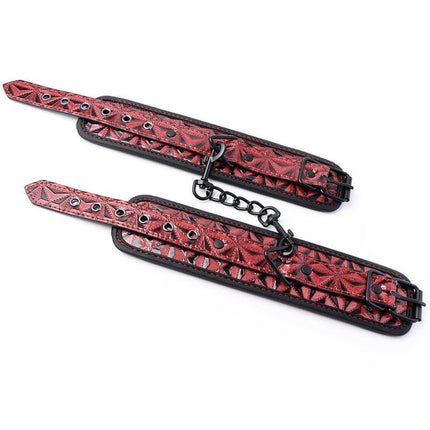 Adjustable Ankle Cuffs Diamond Vegan Leather, luxury vegan leather ankle restraints with red diamond pattern and black details.