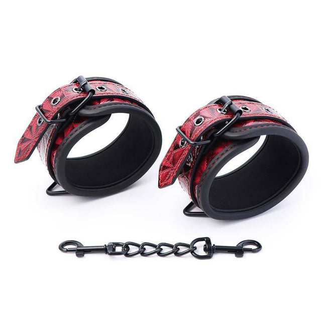Adjustable Ankle Cuffs Diamond Vegan Leather in red with connecting chain, luxury padded vegan leather design for comfort and style.