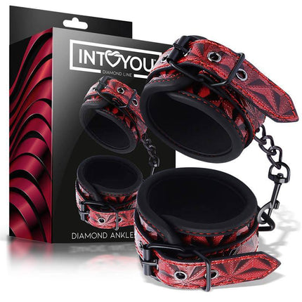Adjustable Ankle Cuffs Diamond Vegan Leather in red with packaging, featuring padded restraints for comfort and style.