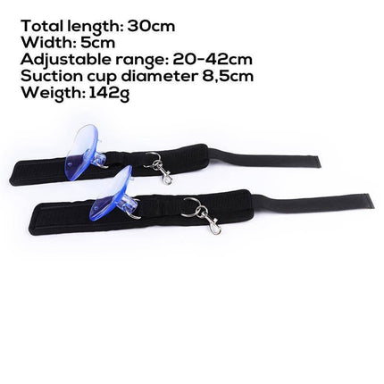 Adjustable Anklecuffs with Suction Cups, featuring 30cm length, 5cm width, 20-42cm adjustable range, 8.5cm suction cup diameter, 142g weight.