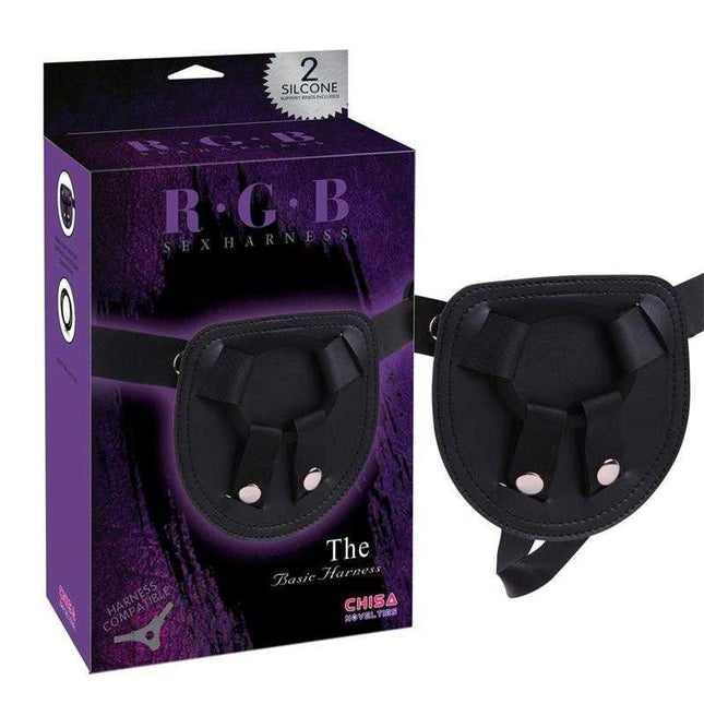 Adjustable Black Silicone Harness with packaging showing black design and features for secure support in intimate moments.