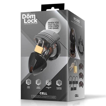 Adjustable Chastity Cage with Spacers - Domlock in retail packaging