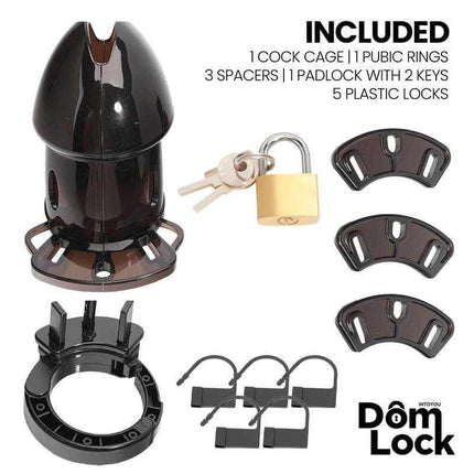 Adjustable Chastity Cage with Spacers - Domlock set including cock cage, spacers, padlock, and keys for controlled exploration.