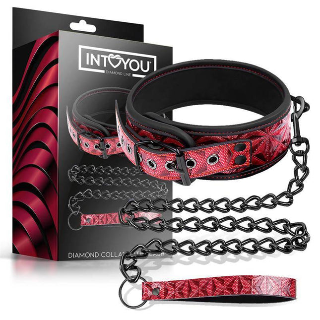 Adjustable Collar With Leash Diamond Vegan Leather with durable chain for stylish BDSM play.