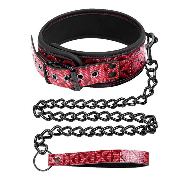 Adjustable Collar With Leash Diamond Vegan Leather in red with black chain and soft-touch material.