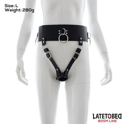 Adjustable Female Chastity Belt from Latetobed BDSM Line in black, size L, showcasing sturdy metal locks and adjustable straps.
