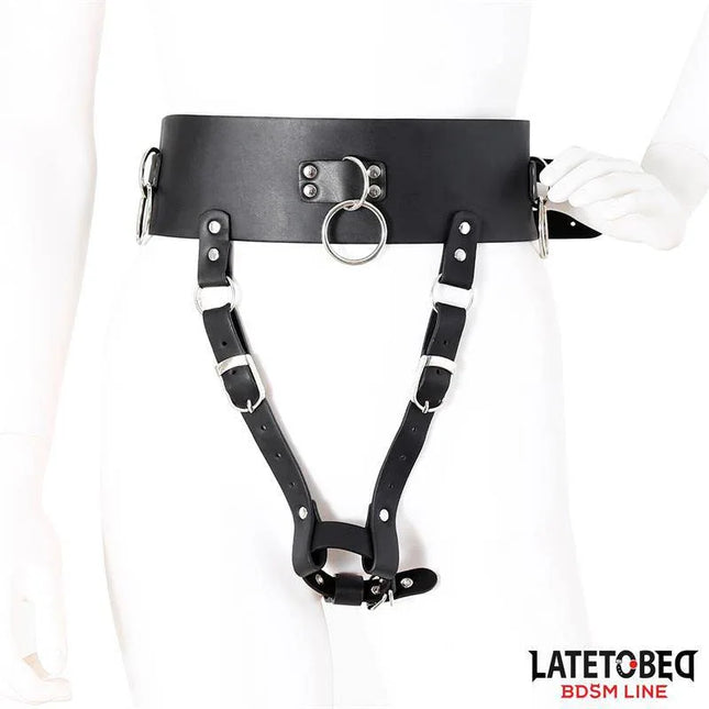 Adjustable Female Chastity Belt from Latetobed BDSM Line on mannequin.