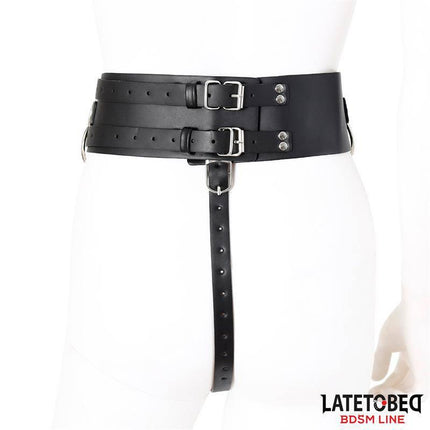 Adjustable Female Chastity Belt from Latetobed BDSM Line, secure fit for couples, black straps, front view.