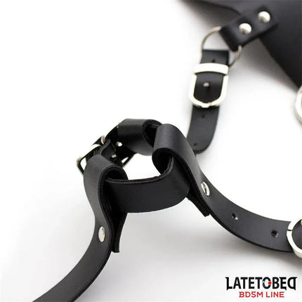 Adjustable Female Chastity Belt from Latetobed BDSM Line, showcasing detailed leather straps and metal buckles for secure fit.