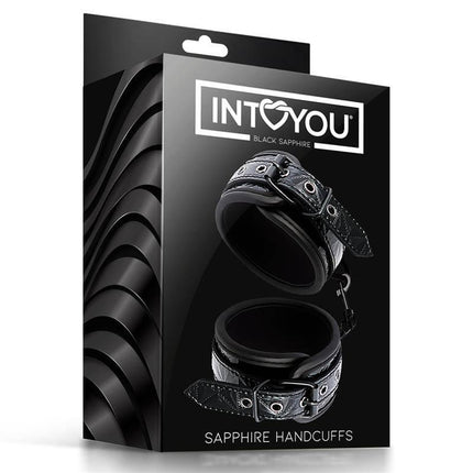 Adjustable Handcuffs Sapphire Vegan Leather in Black Saphire packaging, featuring premium vegan leather for secure and comfortable fit.