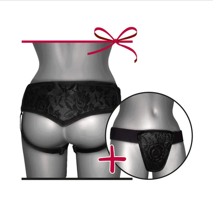 Adjustable Harness De Luxe shown on mannequin with lace detailing for role-play and comfort.