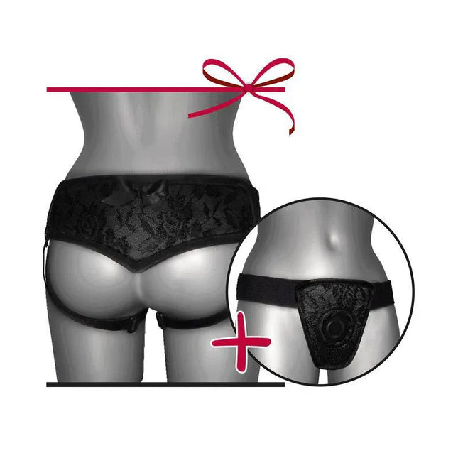 Adjustable Harness De Luxe in black lace, shown from the back for couples, adjustable from S to XL for role-play and intimate moments.